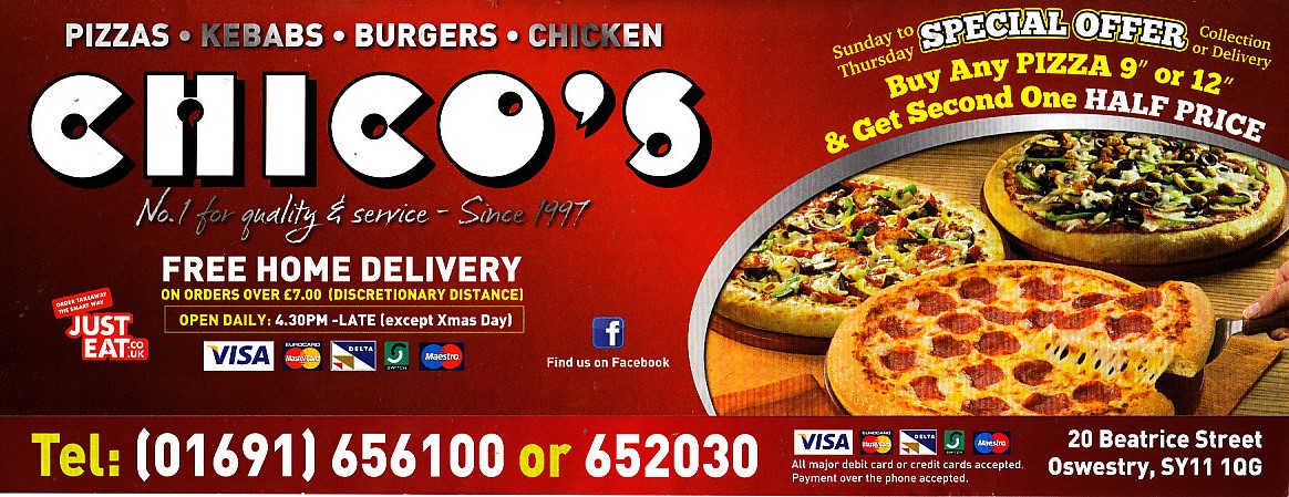 Chicos kebab pizza menu Oswestry