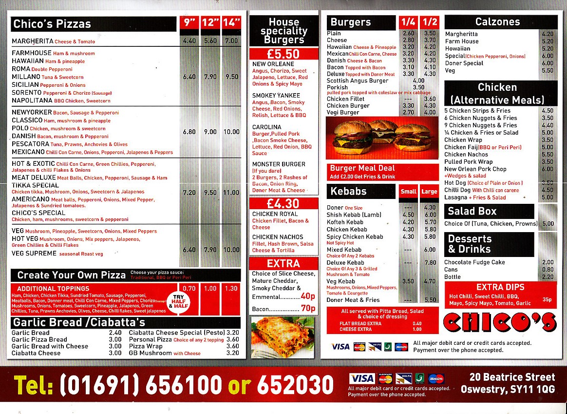 Chicos kebab pizza menu Oswestry