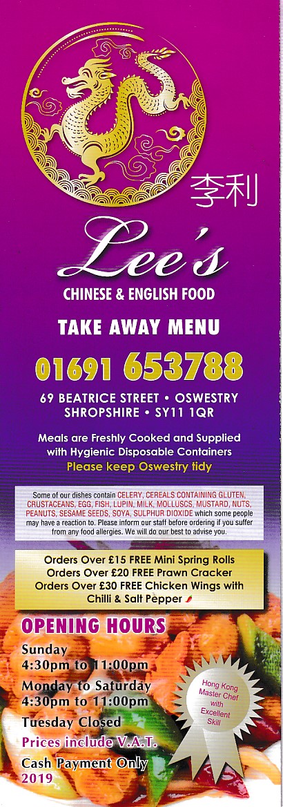 Lees Chinese, Menu in Oswestry