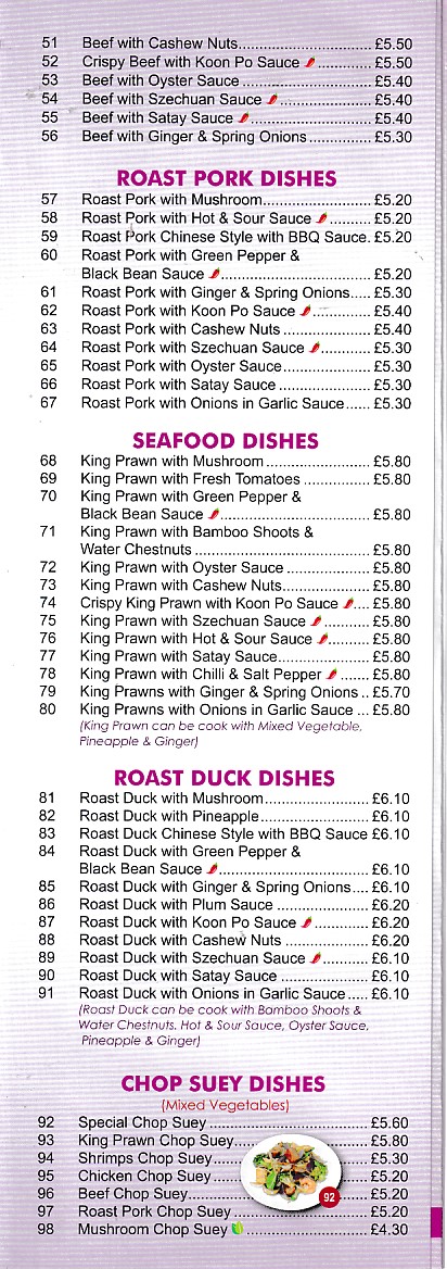 Lees Chinese, Menu in Oswestry