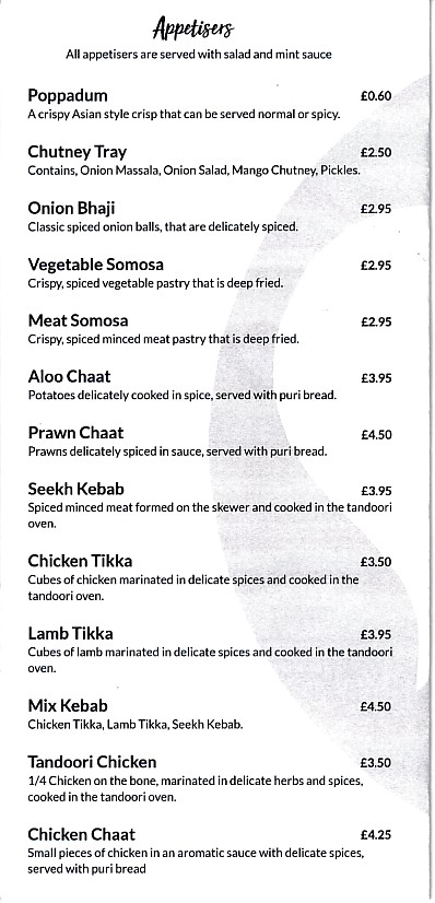 Menu of Raj Mahal Takeaway Oswestry