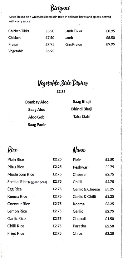 Menu of Raj Mahal Takeaway Oswestry