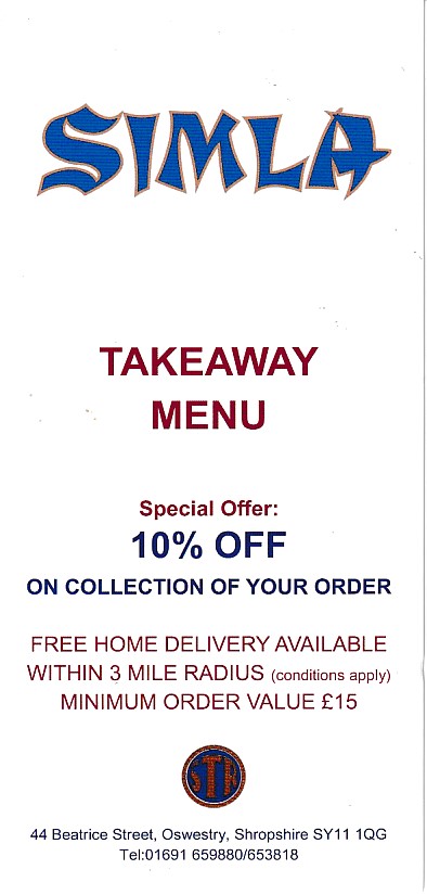 Simla Indian Menu in Oswestry