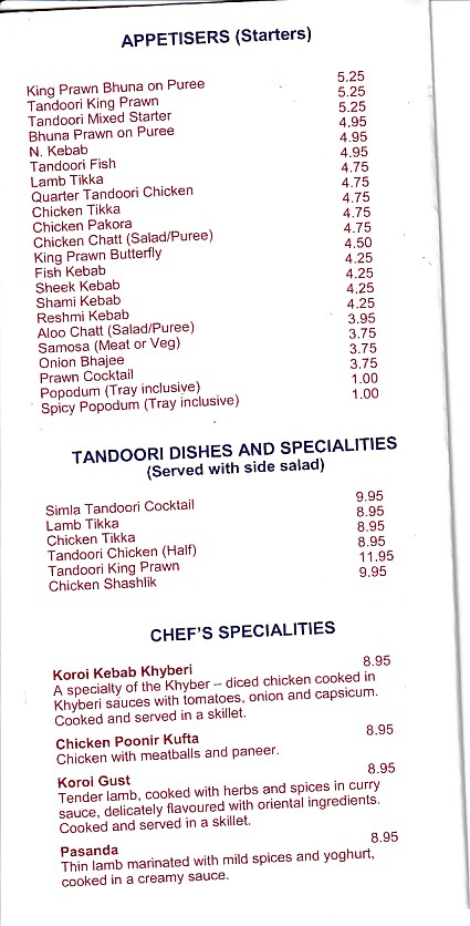 Simla Indian Menu in Oswestry