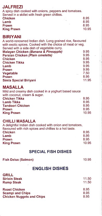 Simla Indian Menu in Oswestry