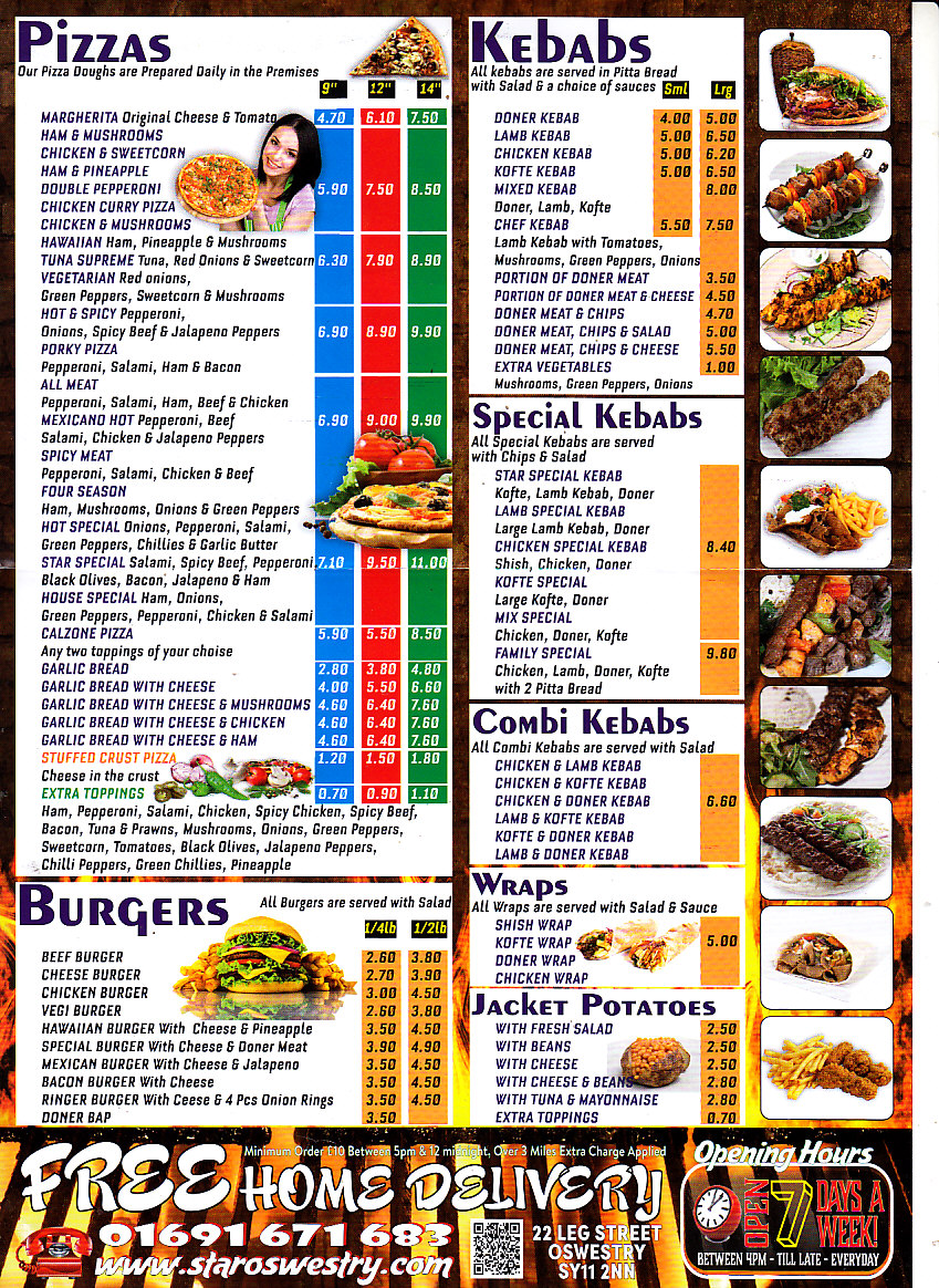 Star kebab pizza menu Oswestry
