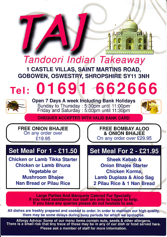 Taj Tandoori Menu in Gobowen, Oswestry