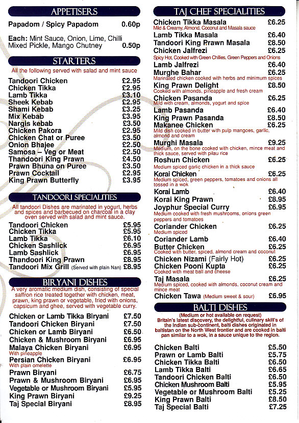 Taj Tandoori Menu in Gobowen, Oswestry