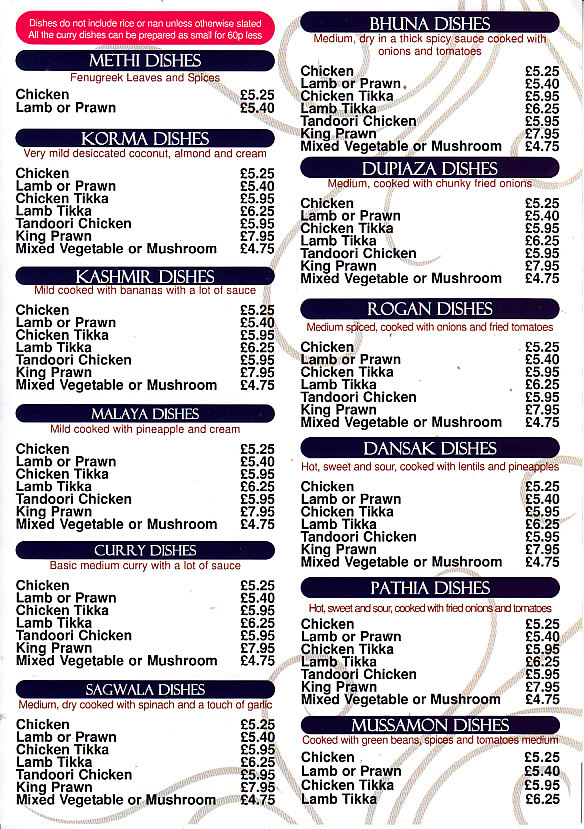 Taj Tandoori Menu in Gobowen, Oswestry