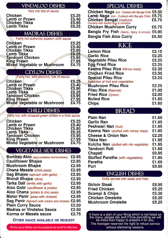 Taj Tandoori Menu in Gobowen, Oswestry