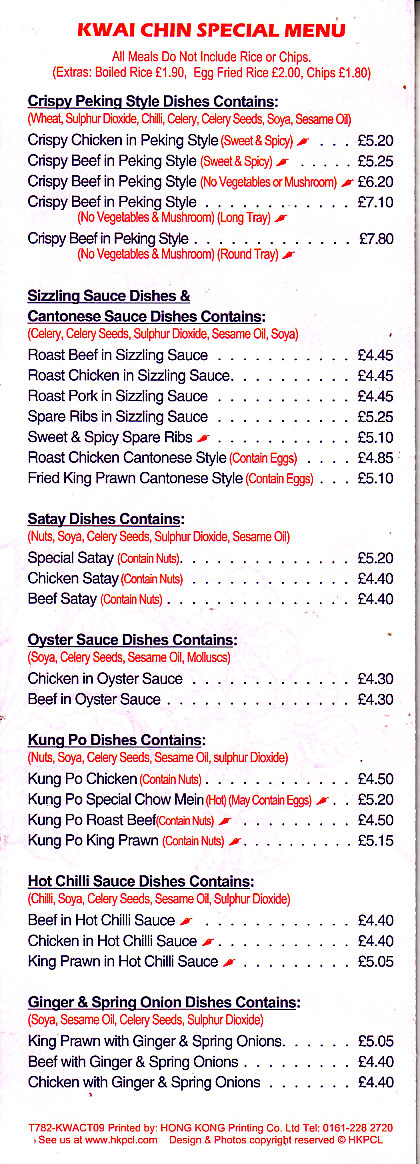 Kwai Chin  menu in Newtown SY16