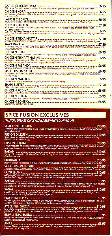 Spice Fusion Indian menu in Welshpool