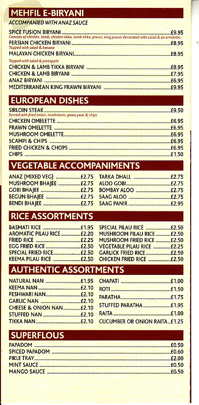 Spice Fusion Indian menu in Welshpool